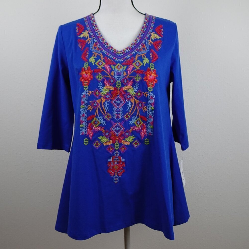 Calessa Embroidered Tunic Top Women's Size S Blue Loose Fit V-Neck